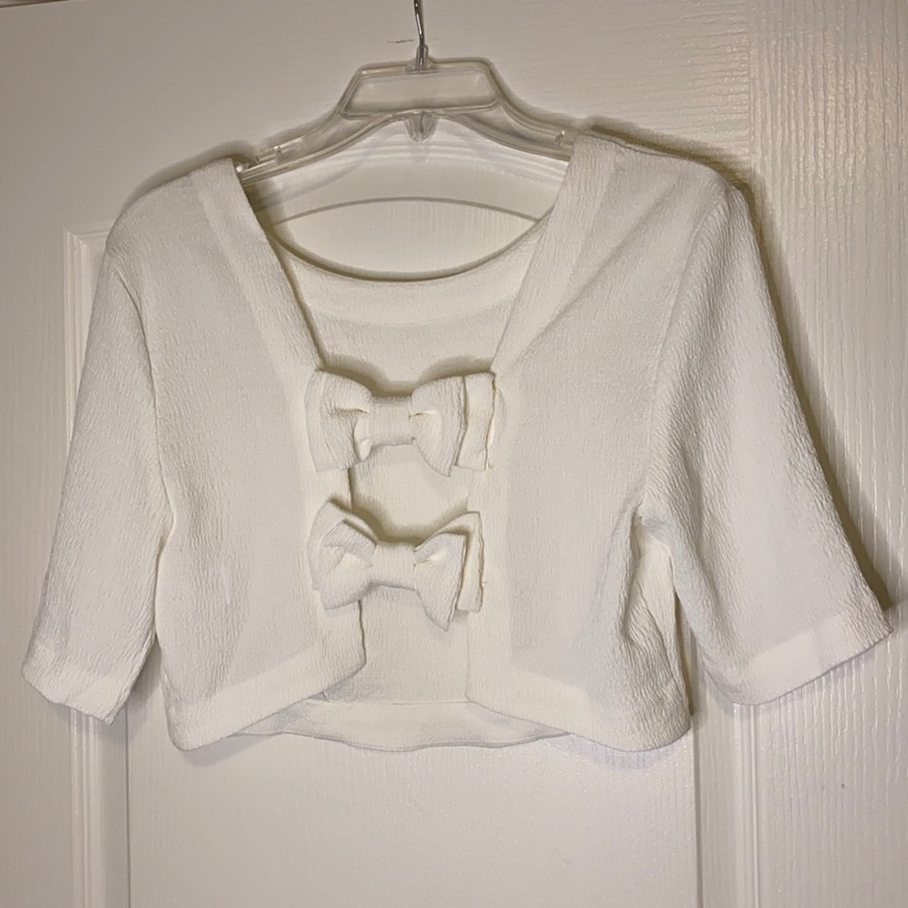 White Textured Top with bow detail on back